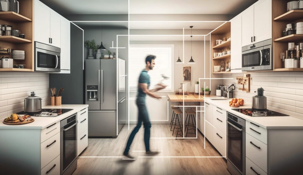 Una foto che cattura una persona che si muove senza sforzo tra le diverse stazioni di lavoro in una cucina a forma di L, enfatizzando la comodità e l'accessibilità di questo layout