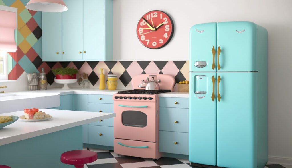 A retro-inspired mid-century modern kitchen with colorful appliances, vintage-inspired kitchen clocks, and playful patterns