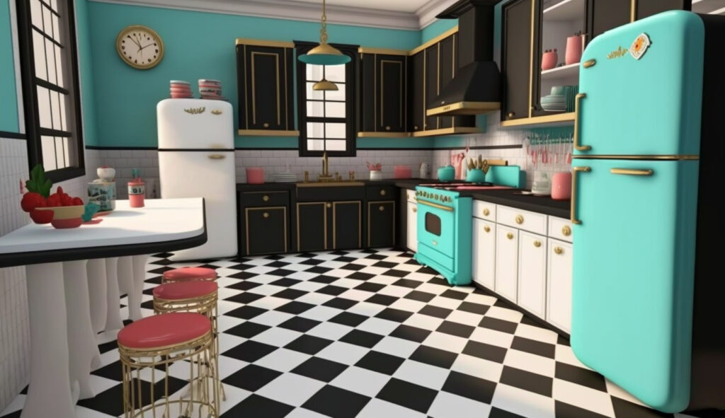 Una cucina nera in stile retrò con elettrodomestici d'epoca, accenti colorati e pavimento a scacchi bianco e nero, evocando un'atmosfera nostalgica