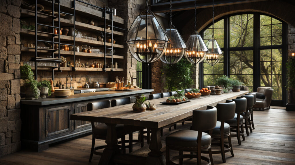 Thiết kế phòng bếp phong cách công nghiệp rustic với gỗ cũ, các chi tiết sắt mài mòn, đèn trang trí cổ điển và không gian nông trang