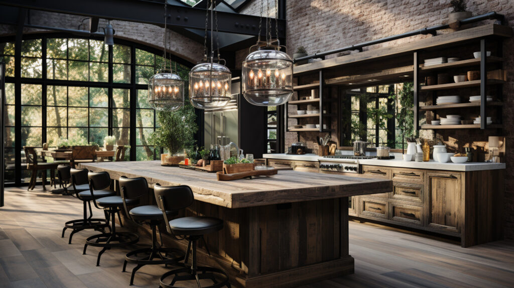 Thiết kế phòng bếp phong cách công nghiệp rustic với gỗ cũ, các chi tiết sắt mài mòn, đèn trang trí cổ điển và không gian nông trang