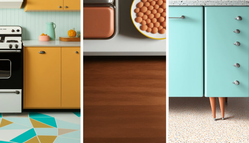 A selection of flooring options for a mid-century modern kitchen, showcasing hardwood, terrazzo, and patterned linoleum choices