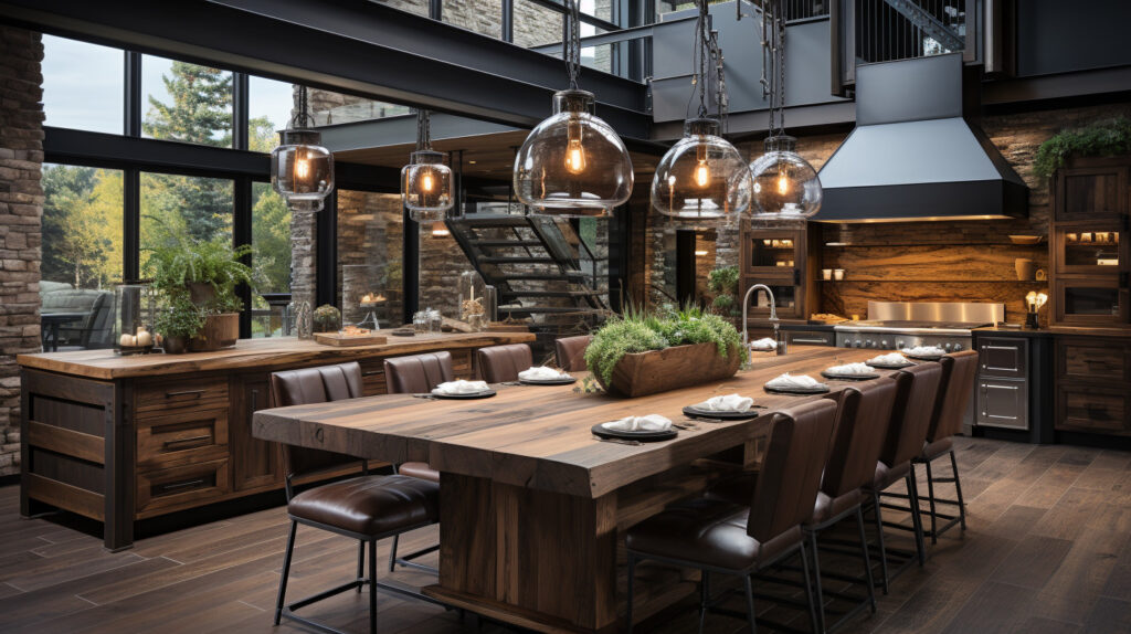 Một tập hợp các yếu tố phòng bếp công nghiệp, bao gồm đèn chiếu sáng, mặt bàn và các lựa chọn vật liệu phần tường, được trưng bày để lựa chọn những yếu tố thiết kế hoàn hảo