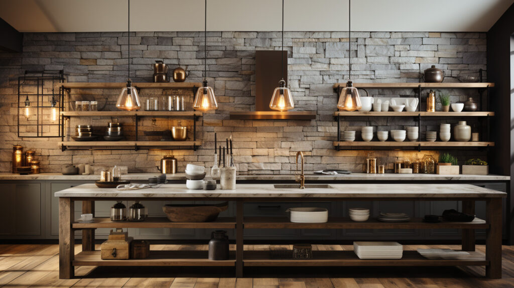 Một tập hợp các yếu tố phòng bếp công nghiệp, bao gồm đèn chiếu sáng, mặt bàn và các lựa chọn vật liệu phần tường, được trưng bày để lựa chọn những yếu tố thiết kế hoàn hảo