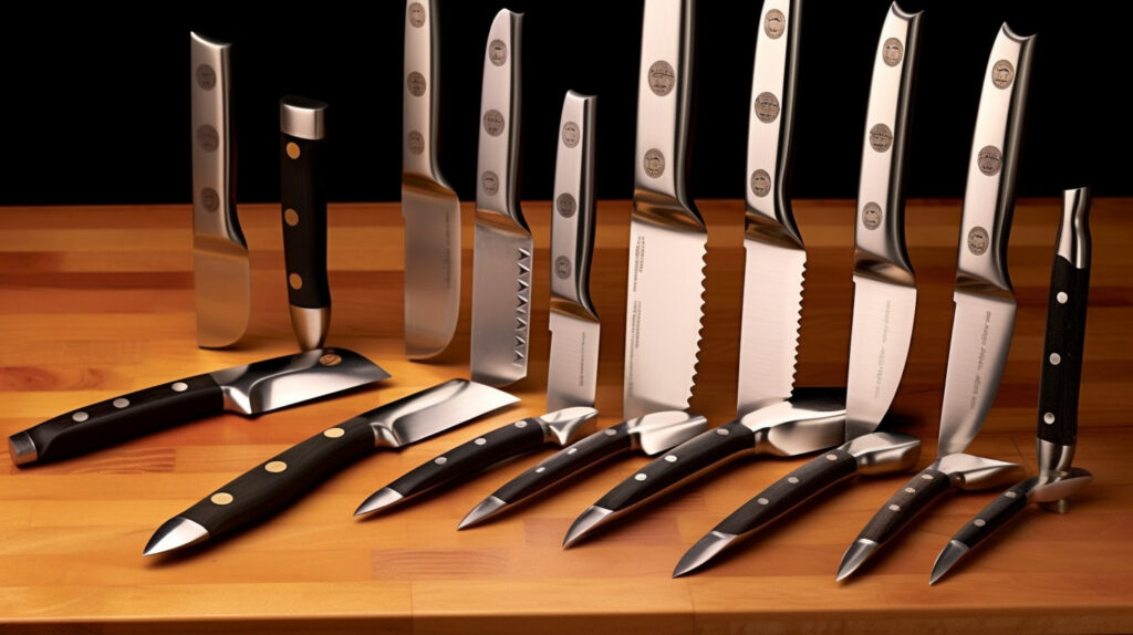 A shiny collection of stainless steel kitchen knives, representing durability and ease of maintenance