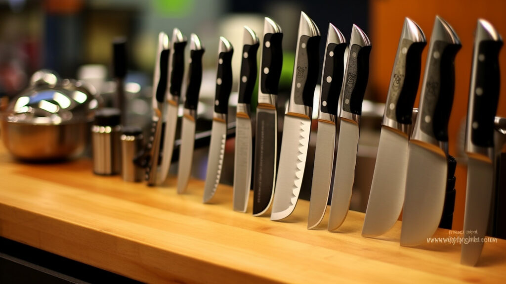 A shiny collection of stainless steel kitchen knives, representing durability and ease of maintenance