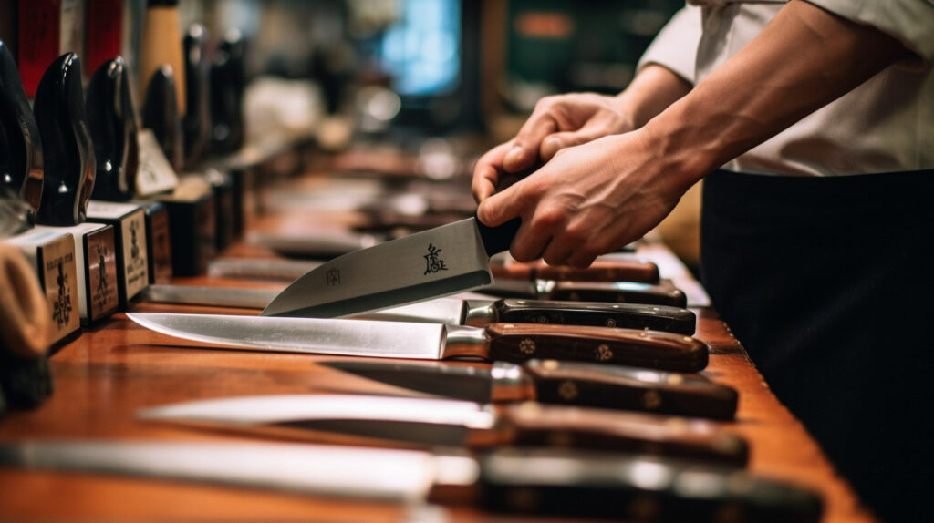 A shopper weighing up various kitchen knives, illustrating the process of choosing the perfect knife