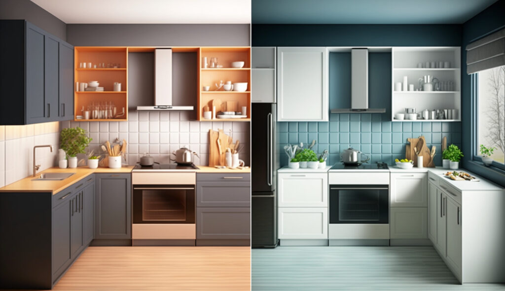 Một hình ảnh so sánh song song giữa một bếp chữ L và một bếp chữ U, nhấn mạnh sự khác biệt về bố cục và tính năng giữa hai thiết kế