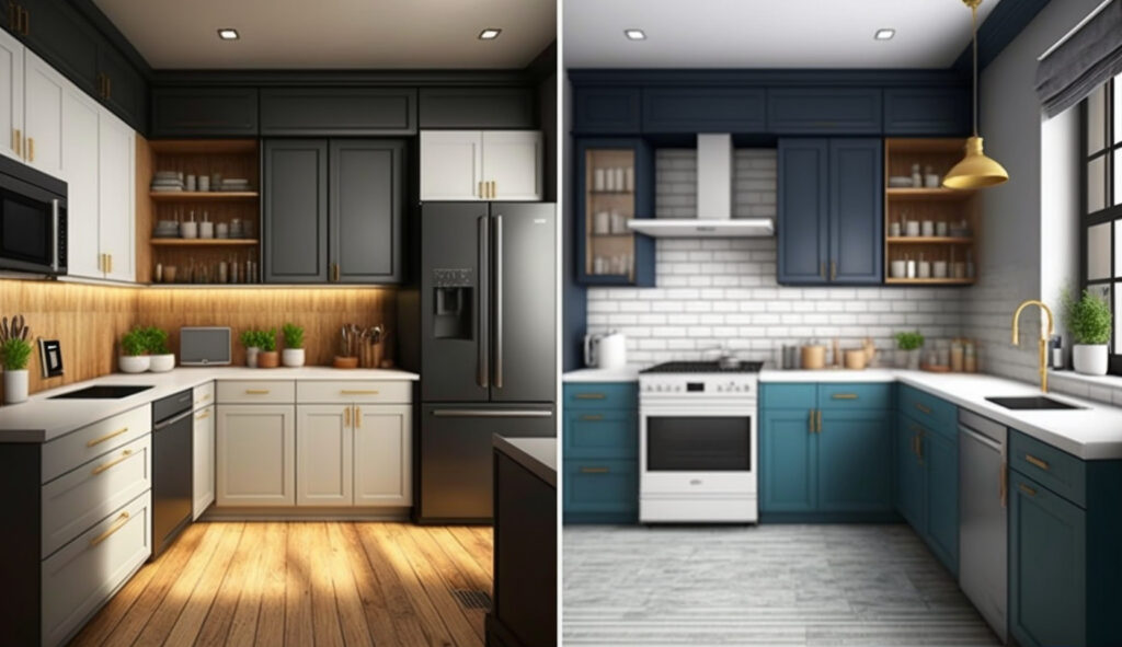 Un'immagine di confronto affiancate che mostra una cucina a forma di L e una cucina a forma di U, evidenziando la differenza nella disposizione e nella funzionalità tra i due design