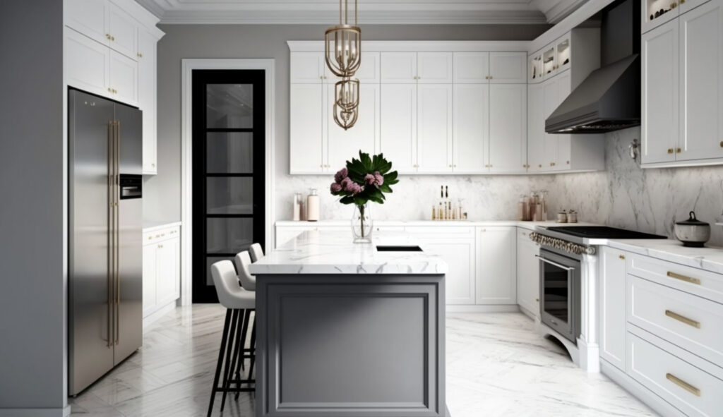 Một ngôi nhà bếp màu trắng xám sang trọng và lịch lãm với các thiết bị cao cấp, tủ màu trắng bóng và một đảo nhà bếp bằng đá cẩm thạch