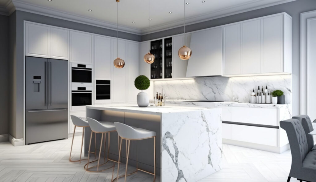 Một ngôi nhà bếp màu trắng và xám tinh tế với thiết bị cao cấp, tủ màu trắng bóng và một đảo bếp bằng đá cẩm thạch