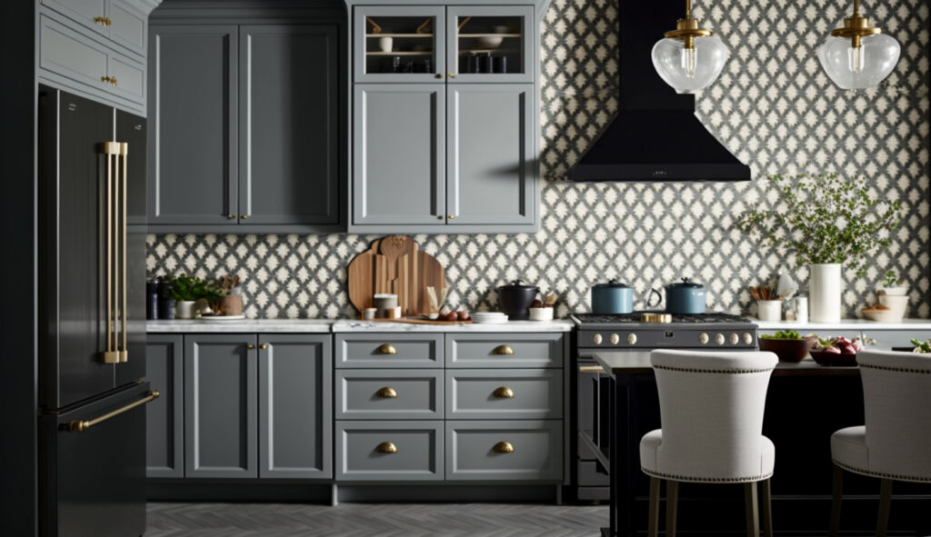 Una cucina grigia sofisticata con mobili grigi, piani di lavoro a contrasto e un'anta decorata