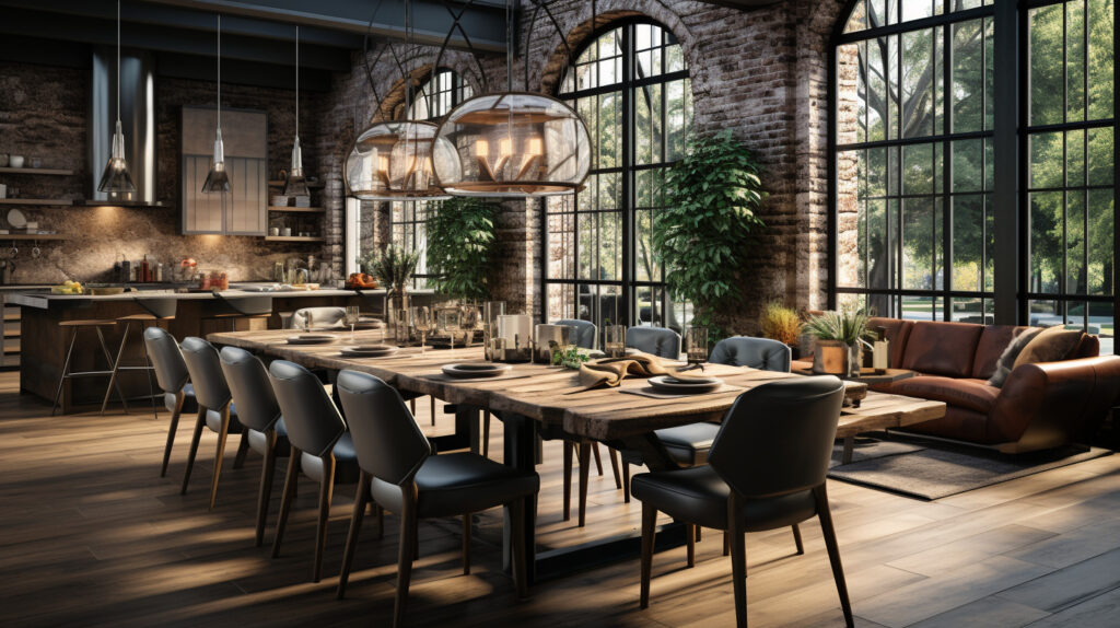Un layout di cucina aperta spazioso e invitante con un'estetica industriale, dotato di parete in mattoni a vista, ampie finestre e un'area pranzo