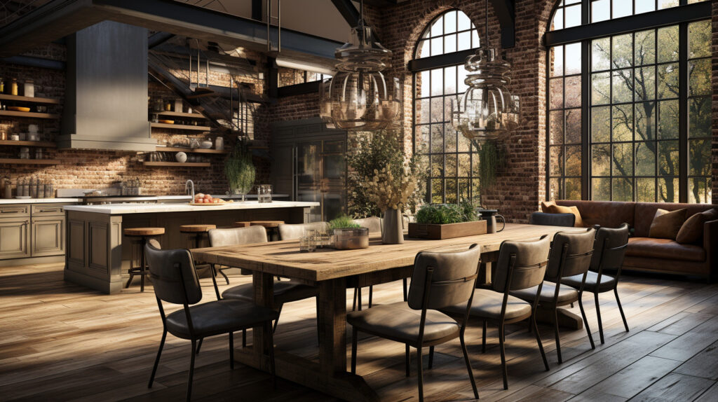 Un layout di cucina aperta spazioso e invitante con un'estetica industriale, dotato di parete in mattoni a vista, ampie finestre e un'area pranzo