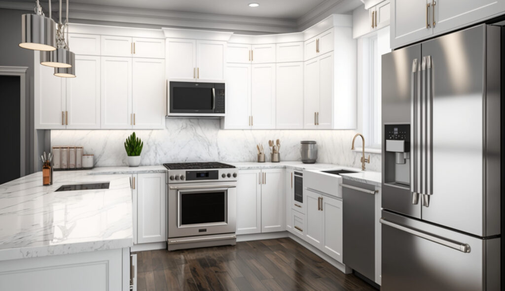 Một ngôi nhà bếp trắng đẹp mắt với tủ màu trắng gọn gàng, mặt đá cẩm thạch và các thiết bị bằng thép không gỉ