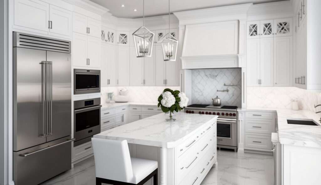 Một ngôi nhà bếp trắng đẹp mắt với tủ màu trắng gọn gàng, mặt đá cẩm thạch và các thiết bị bằng thép không gỉ