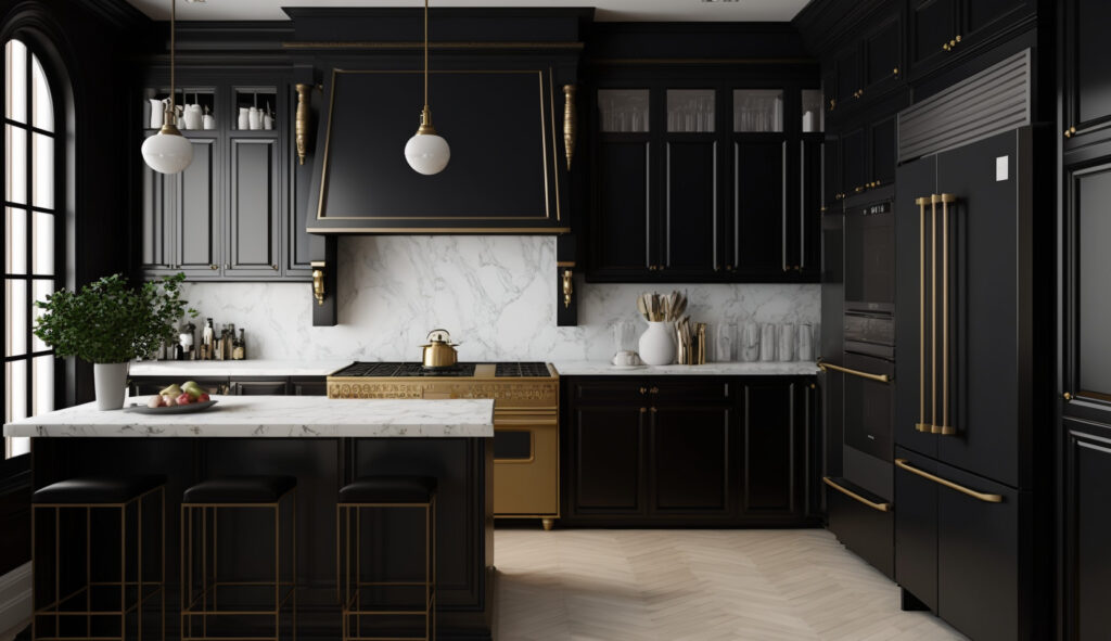 Một ngôi nhà bếp màu đen thời thượng với sức hấp dẫn vượt thời gian, với những tủ đen, mặt đá cẩm thạch và các thiết bị trơn nhẵn