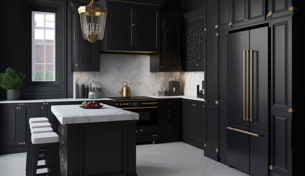 Una cucina nera elegante con un fascino senza tempo, con armadi neri, piani in marmo e apparecchiature eleganti