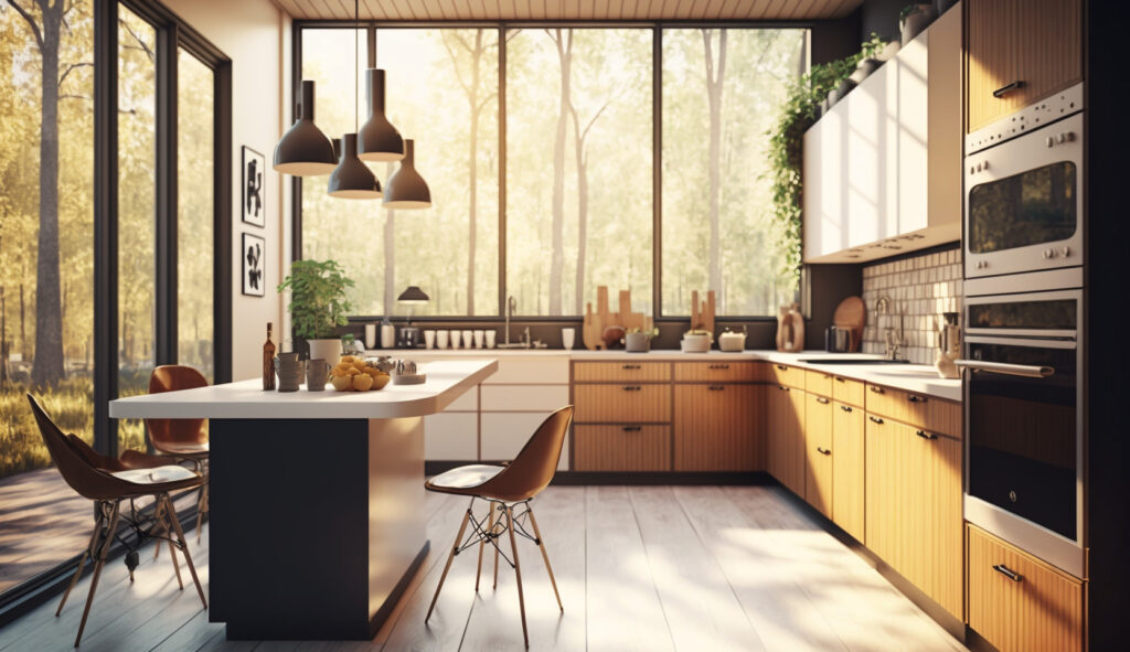 Một căn bếp phong cách mid-century modern rực sáng với cửa sổ lớn, thể hiện sự quan trọng của ánh sáng tự nhiên trong thiết kế