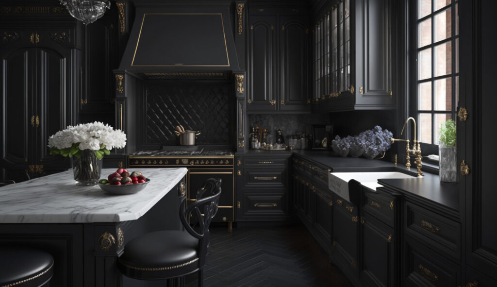 Una cucina nera di ispirazione tradizionale con mobili neri, ferramenta ornamentale e piani in marmo, creando un aspetto elegante e classico