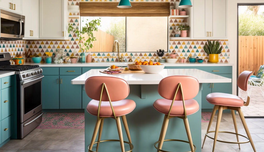 Una cucina Mid-Century Modern vibrante con tocchi di colore attraverso sgabelli vivaci, piastrelle per il backsplash a motivi e carta da parati ispirata al design retrò