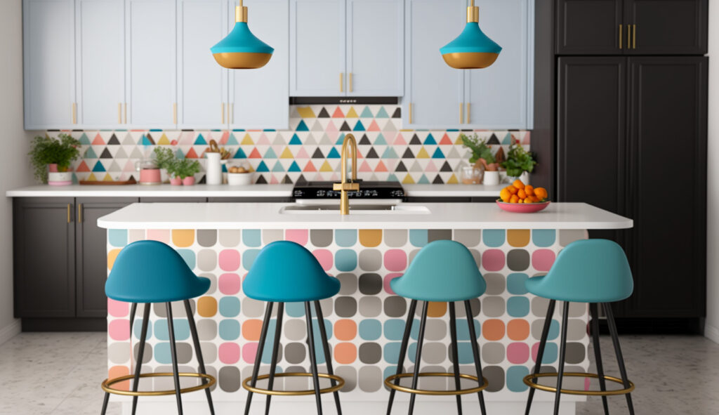 Una cucina Mid-Century Modern vibrante con tocchi di colore attraverso sgabelli vivaci, piastrelle per il backsplash a motivi e carta da parati ispirata al design retrò