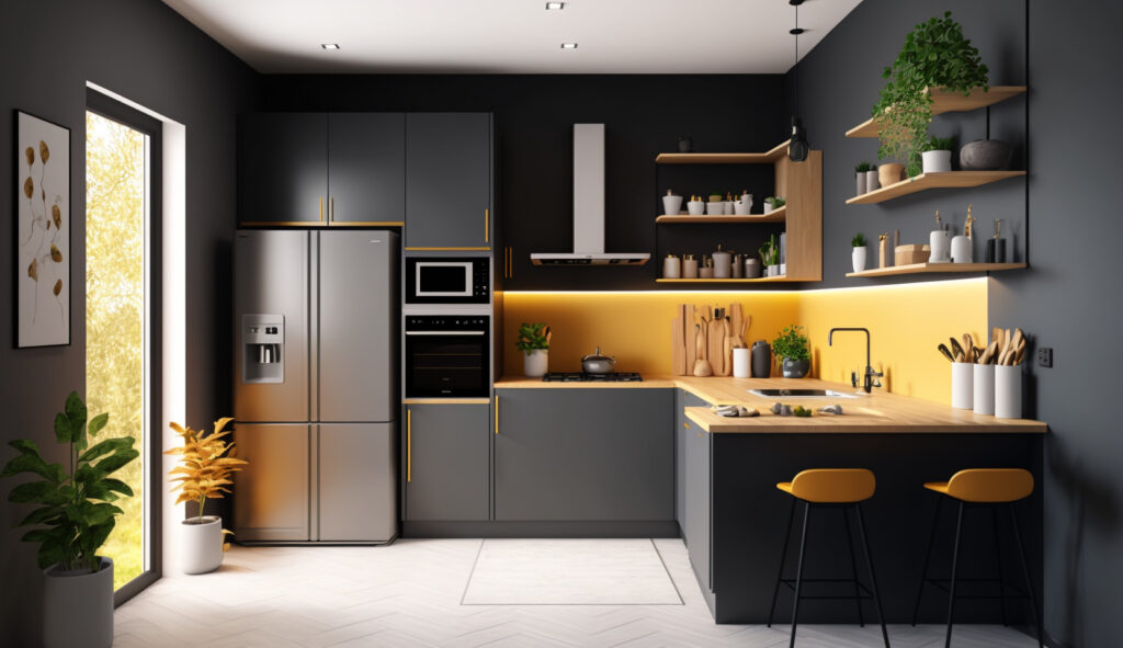 Una rappresentazione visiva di una cucina a forma di L ben progettata che evidenzia la pianificazione attenta delle dimensioni che bilancia funzionalità e appeal estetico