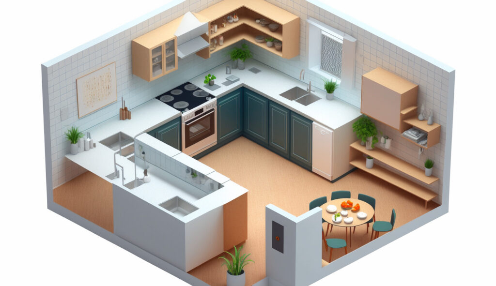 Rappresentazione visiva di un layout di cucina a forma di L, che mostra le due pareti adiacenti che formano una forma a 