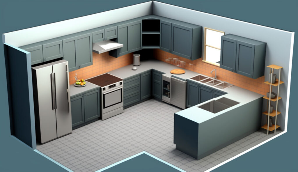Rappresentazione visiva di un layout di cucina a forma di L, che mostra le due pareti adiacenti che formano una forma a 