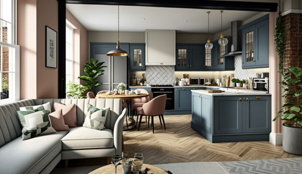 Un'area living open space esteticamente attraente con una cucina a forma di L come punto focale, mostrando l'integrazione senza soluzione di continuità tra la cucina e lo spazio adiacente