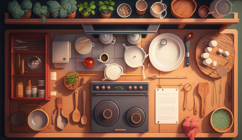 Una cucina a forma di L ben organizzata con utensili, ingredienti e pentole ordinatamente disposti, mostrando il flusso di lavoro efficiente e il processo di cottura organizzato