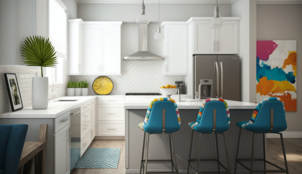 Una cucina bianca e grigia con colori di accento accuratamente scelti, come sgabelli da bar blu vibrante e oggetti decorativi, che aggiungono un tocco di colore allo spazio