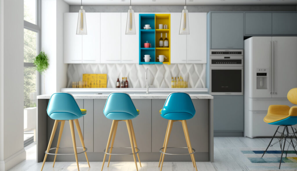 Một ngôi nhà bếp màu trắng và xám với màu sắc nhấn được chọn cẩn thận, chẳng hạn như ghế bar màu xanh tươi và các vật dụng trang trí, thêm màu sắc vào không gian