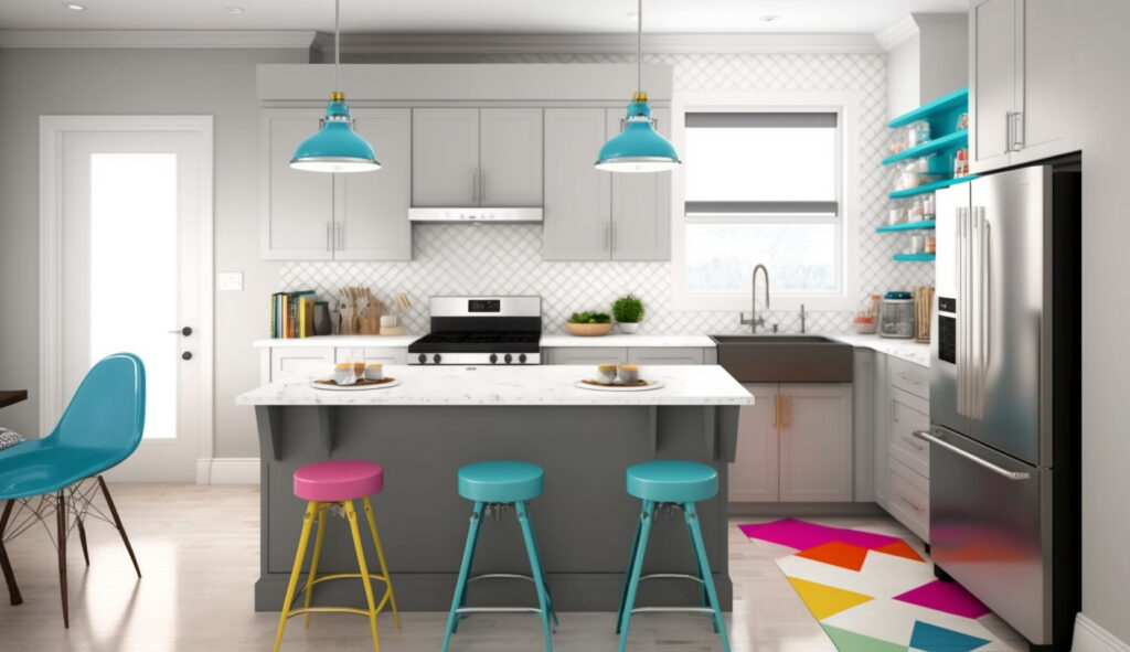 Aggiungere un tocco di colore a una cucina bianca e grigia con utensili da cucina vivaci, sgabelli colorati e oggetti decorativi