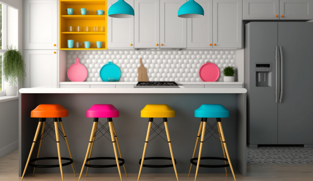 Aggiungere un tocco di colore a una cucina bianca e grigia con utensili da cucina vibranti, sgabelli da bar colorati e oggetti decorativi