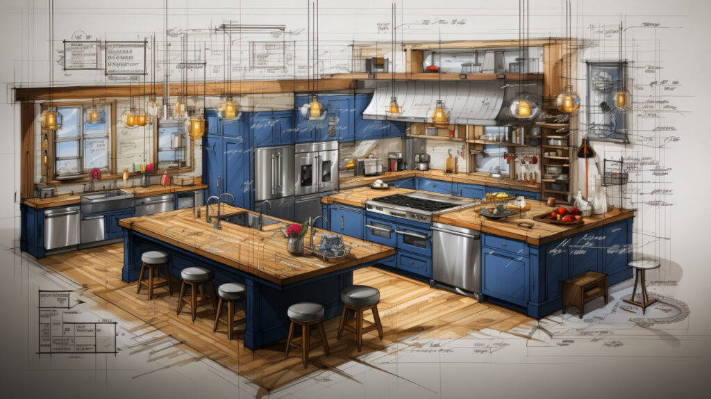 Un progetto architettonico che mostra la planimetria e il design del layout per una cucina industriale, inclusi elettrodomestici, piani di lavoro e aree di stoccaggio