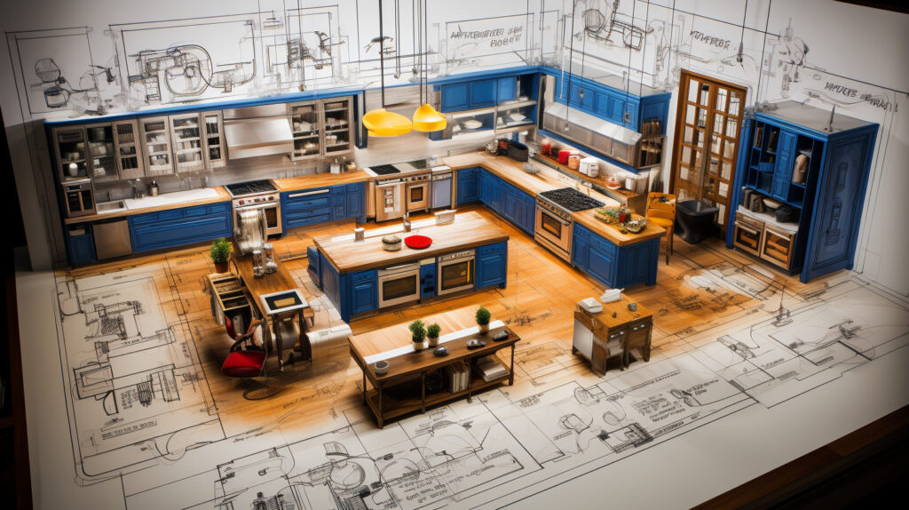 Un progetto architettonico che mostra la planimetria e il design del layout per una cucina industriale, inclusi elettrodomestici, piani di lavoro e aree di stoccaggio