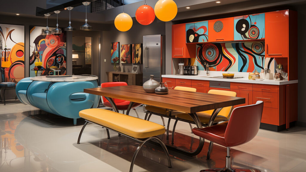 Un miscuglio eclettico di stili in una cucina industriale, combinando colori vivaci, elettrodomestici retrò, opere d'arte uniche e un tavolo da cucina pieghevole per aggiungere carattere