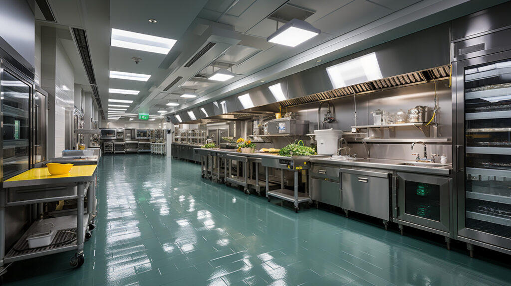 Một bố trí phòng bếp công nghiệp hiệu quả với thiết kế dây chuyền sản xuất tuyến tính, các trạm làm việc bằng thép không gỉ và các khu vực lưu trữ được tổ chức