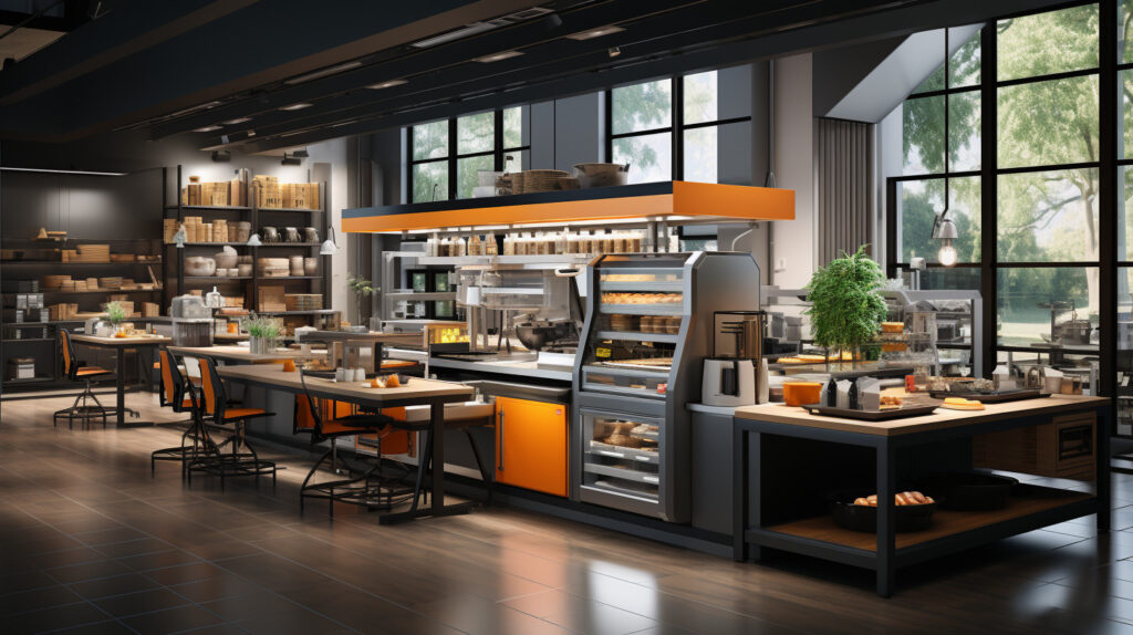 Un layout di cucina industriale progettato ergonomicamente con postazioni di lavoro facilmente accessibili, scaffali regolabili e soluzioni di stoccaggio efficienti