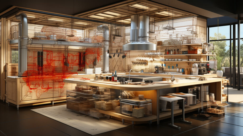 Một bố trí phòng bếp công nghiệp được thiết kế theo nguyên tắc cơ động với các trạm làm việc dễ dàng tiếp cận, kệ điều chỉnh được và giải pháp lưu trữ hiệu quả