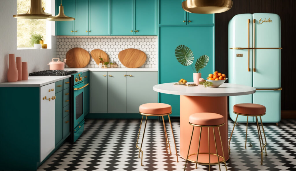 Một căn bếp phong cách mid-century modern kinh điển với những hình dạng hữu cơ, màu sắc táo bạo và nội thất lấy cảm hứng từ thời kỳ đó, thể hiện bản chất của thời đại