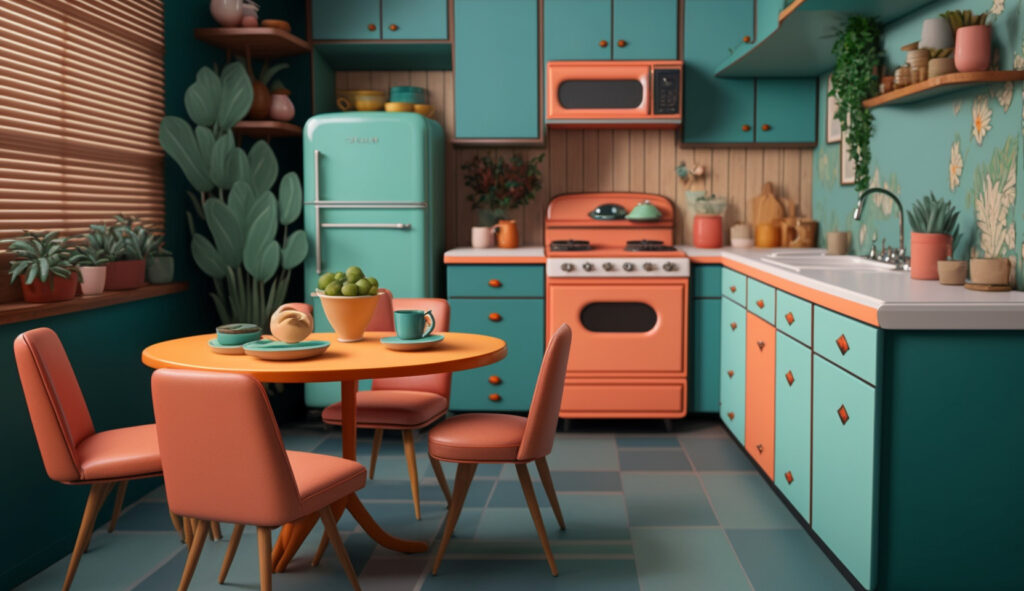 Một căn bếp phong cách mid-century modern kinh điển với những hình dạng hữu cơ, màu sắc táo bạo và nội thất lấy cảm hứng từ thời kỳ đó, thể hiện bản chất của thời đại