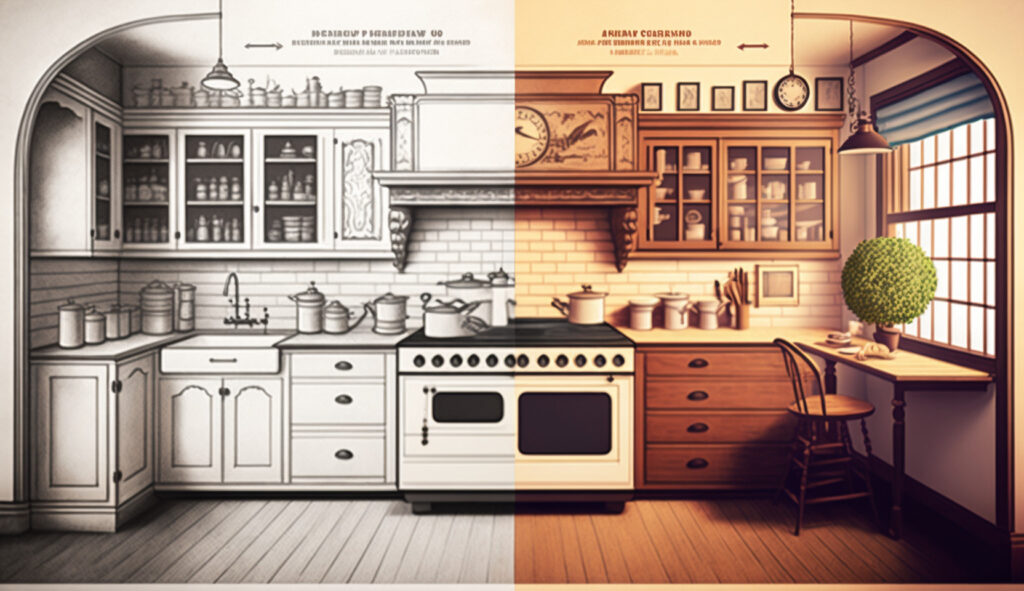 Một hình ảnh về thiết kế bếp lịch sử thể hiện sự phát triển và sự phổ biến của bếp chữ L qua thời gian