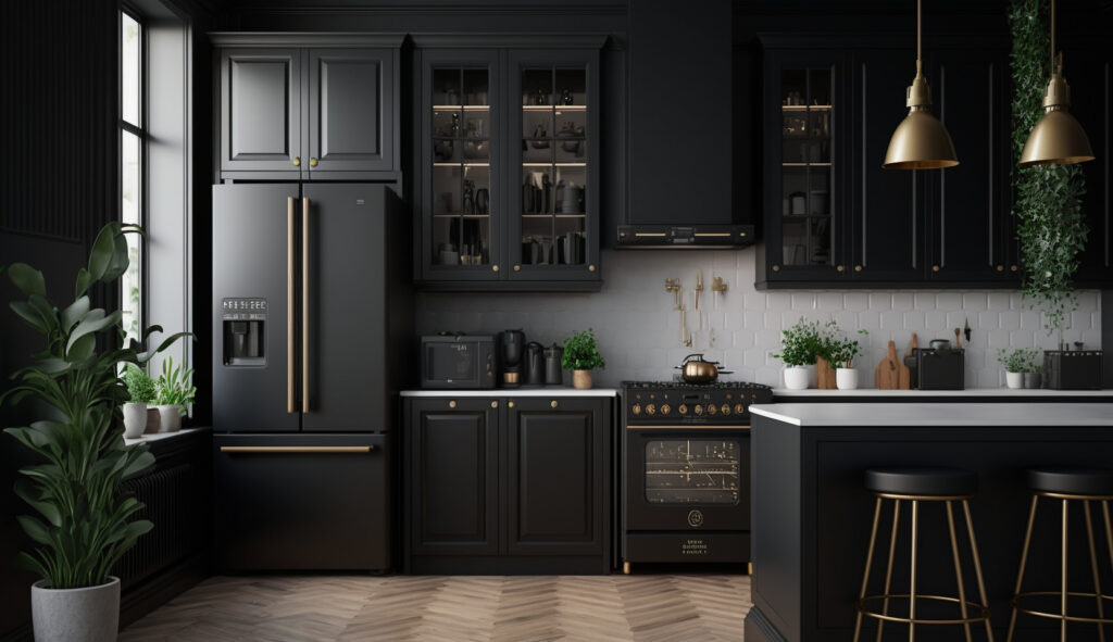 Un'immagine che evidenzia i pro e i contro delle cucine nere, con una cucina nera con abbondante luce naturale ed elementi bianchi contrastanti