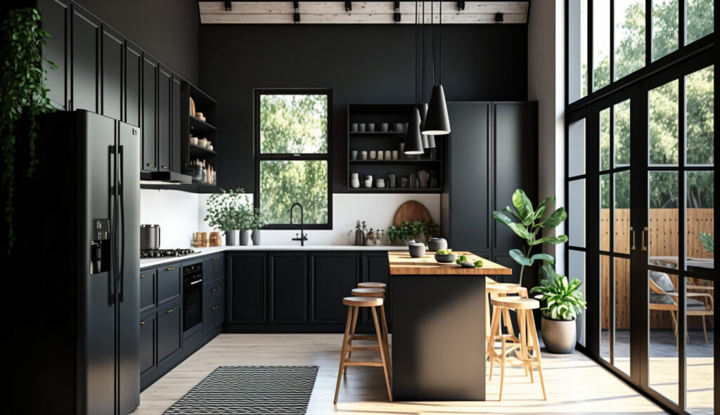 Một hình ảnh nổi bật ưu điểm và nhược điểm của căn bếp màu đen, với một căn bếp màu đen với đủ ánh sáng tự nhiên và những yếu tố trắng tương phản