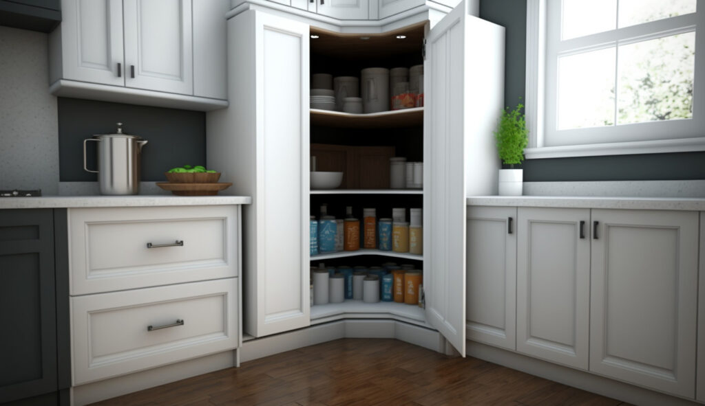 Một hình ảnh minh họa một tủ góc trong một bếp chữ L, trưng bày thách thức của việc sử dụng không gian góc một cách hiệu quả