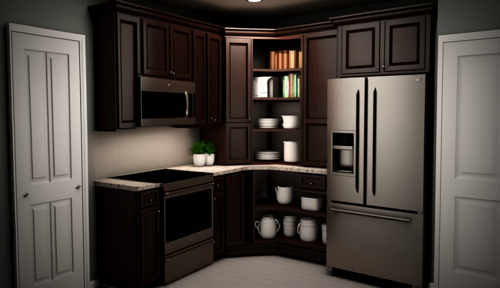 Un'immagine che illustra un mobile ad angolo in una cucina a forma di L, mostrando la sfida di utilizzare gli spazi angolari in modo efficace