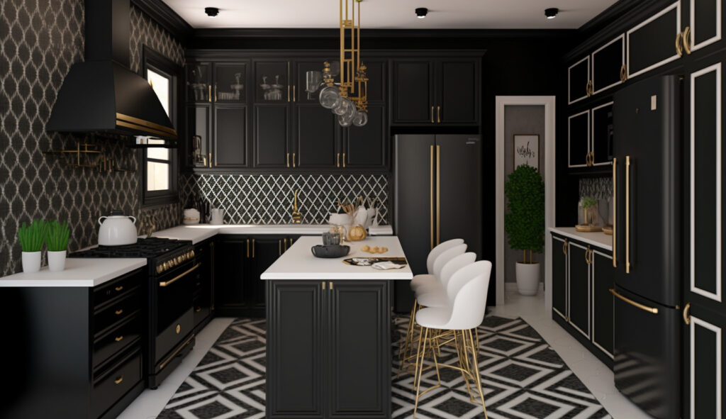 Một hình ảnh trưng bày một căn bếp màu đen với những yếu tố tương phản như mặt bàn trắng, chi tiết kim loại và hoa văn táo bạo, tạo nên một hiệu ứng hình ảnh ấn tượng