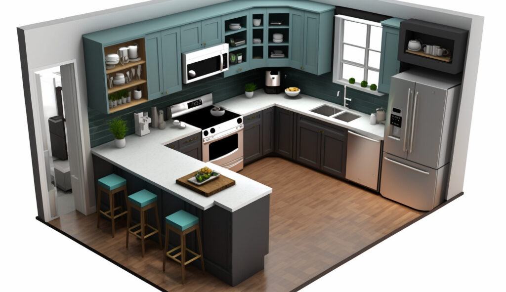 Un'immagine che mostra un design di cucina a forma di L compatto con soluzioni di stoccaggio intelligenti e un uso ottimizzato dello spazio, dimostrando come questo layout massimizza l'efficienza in spazi limitati